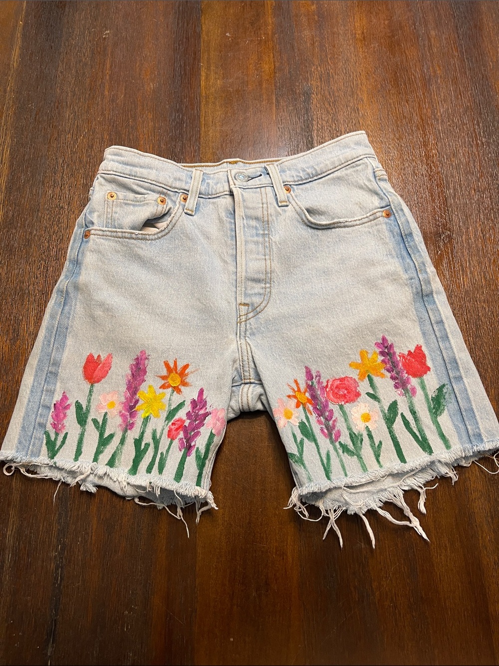 Levi's Jean Shorts Cut Off Painted Flowers Whimsical Festival Boho Girlhood Cute